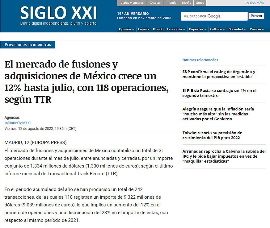 El mercado de fusiones y adquisiciones de Mxico crece un 12% hasta julio, con 118 operaciones, segn TTR